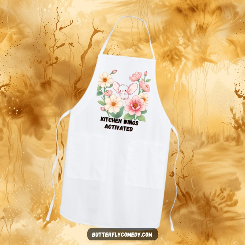 Funny apron featuring a small, fluffy creature with large wings, joyfully fluttering around oversized, colorful flowers in a kitchen setting.