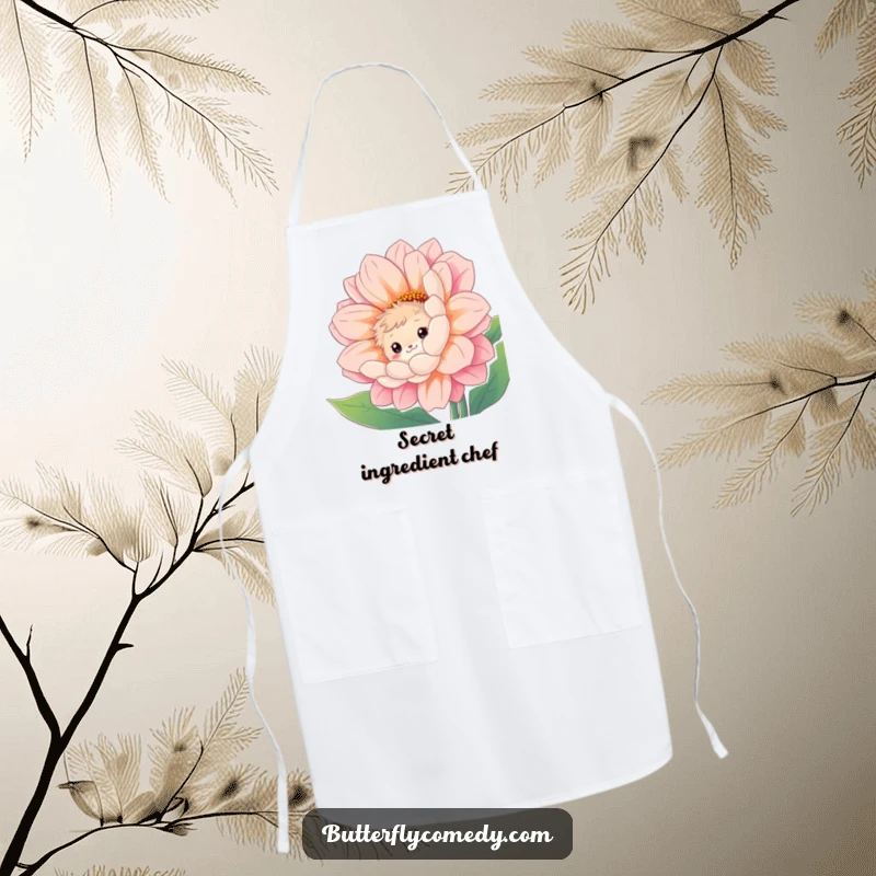 Funny apron depicting a curious, fuzzy creature peeking with a shy smile from behind a giant, vibrant flower in a kitchen.
