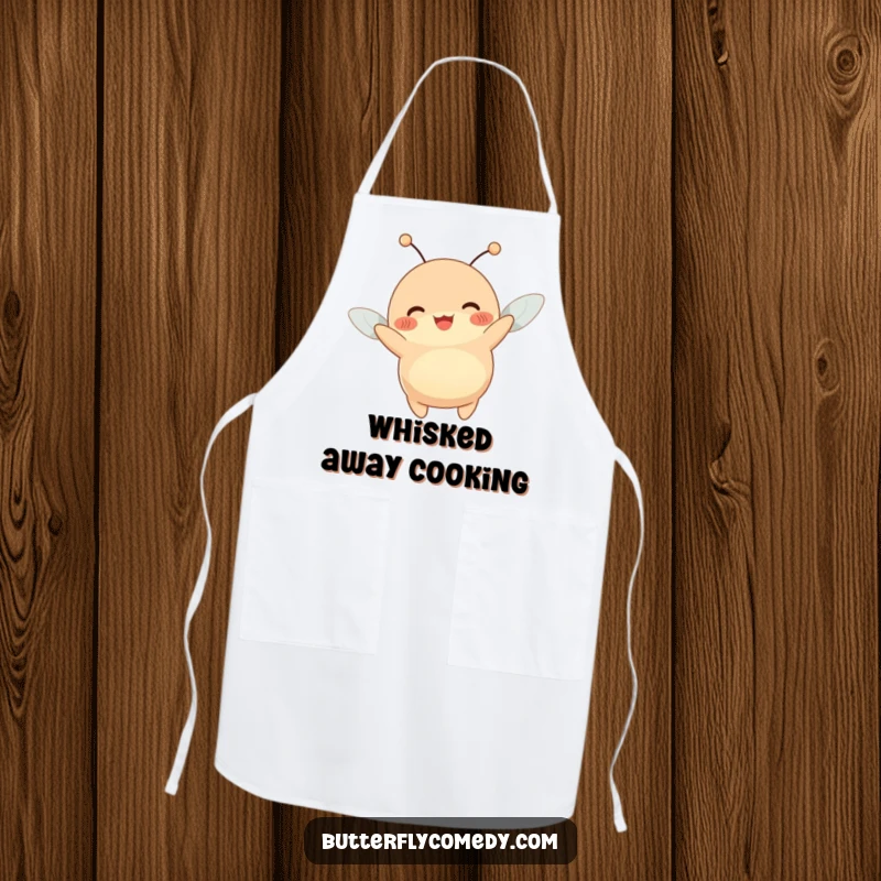 Funny apron depicting a happy, plump creature with antennae wiggling joyfully while being lifted by a gentle breeze in a kitchen.