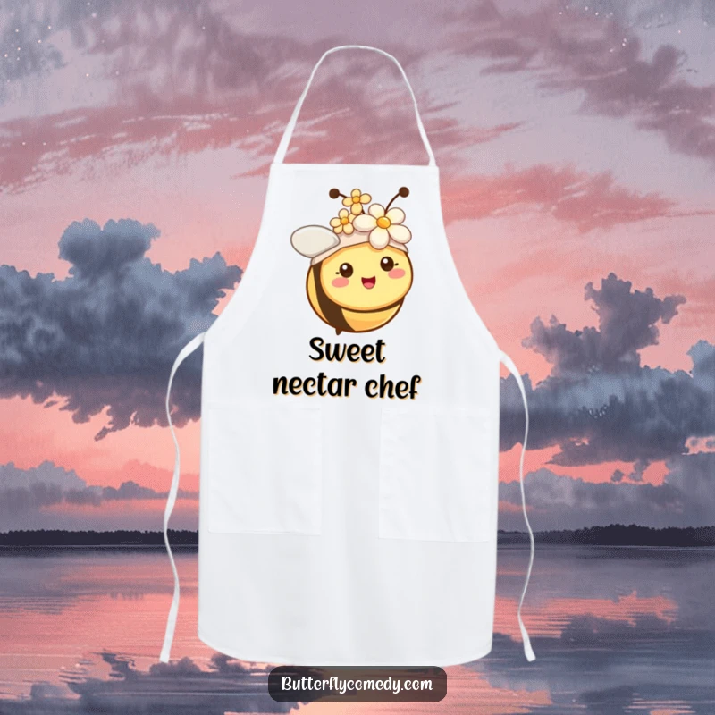 Funny cheerful bee with tiny antennae wearing a flower hat, a charming and humorous apron for cooking.