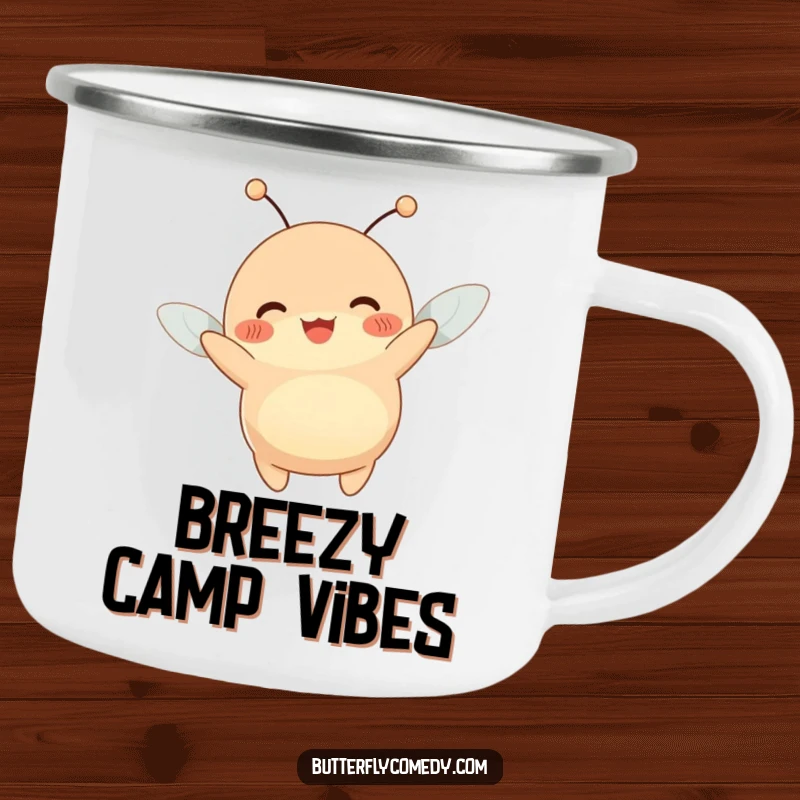 Funny camping mug showing a happy, plump creature with antennae wiggling joyfully while being lifted by a gentle breeze.
