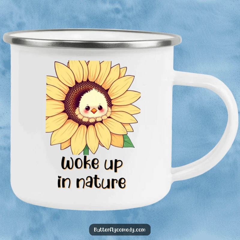 Funny chick peeking from a sunflower petal, a sturdy and humorous camping mug for hot or cold beverages.