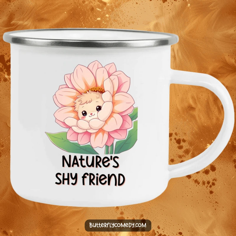 Funny camping mug showing a curious, fuzzy creature peeking with a shy smile from behind a giant, vibrant flower.