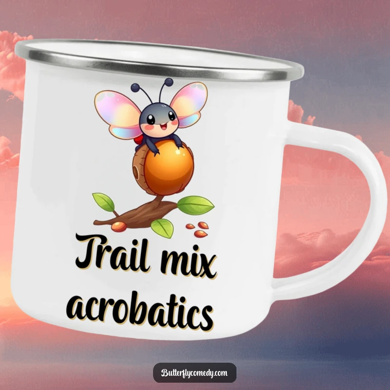 Funny ladybug with iridescent wings balancing on a bouncing acorn, a sturdy and humorous camping mug.