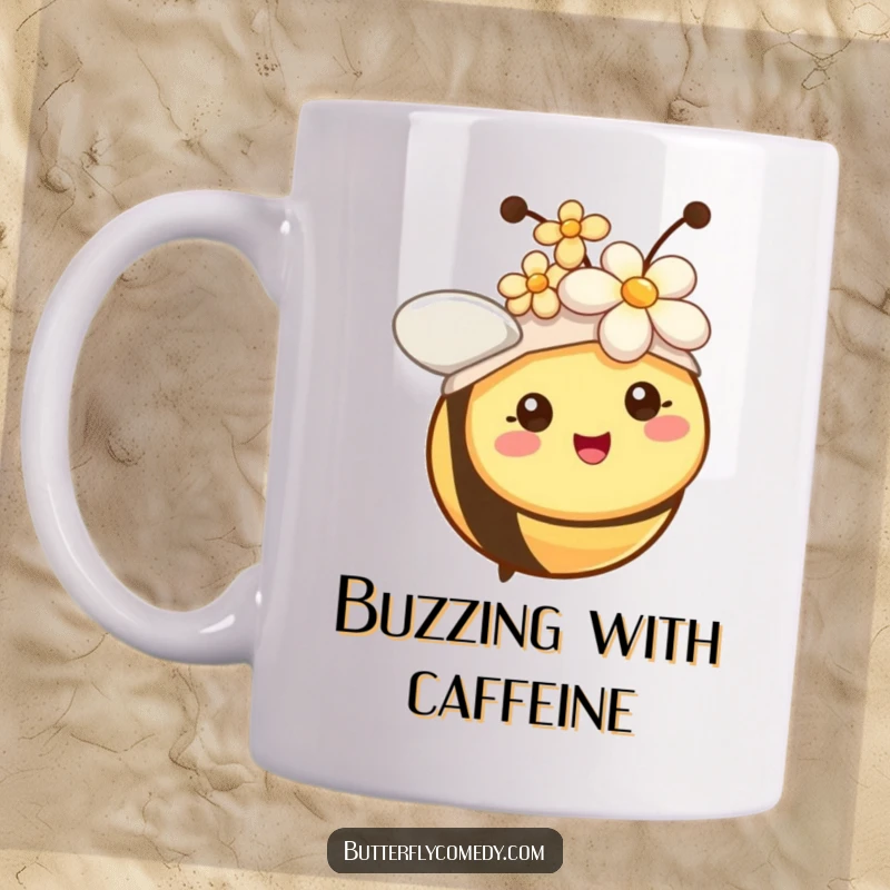 Funny cheerful bee with tiny antennae wearing a vibrant flower as a hat, looking happy on a mug.