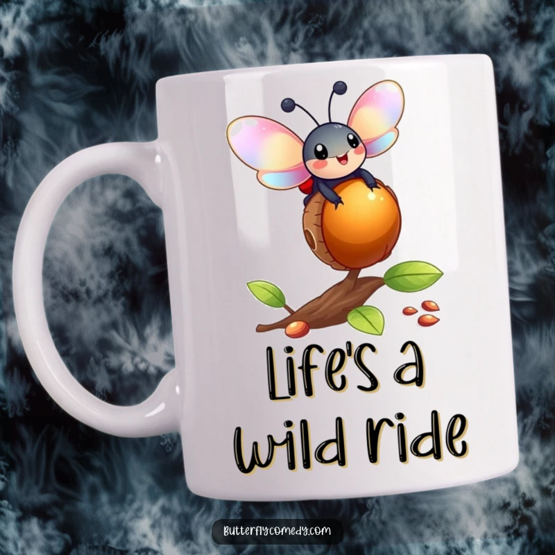Funny happy ladybug with iridescent wings balancing on a bouncing acorn, a whimsical and cheerful mug design.