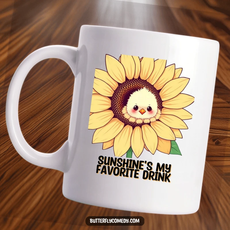 Funny chick peeking from a giant sunflower petal, looking cheerful and curious, perfect for a happy morning mug.