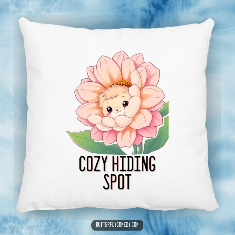 Funny pillow with a curious, fuzzy creature peeking with a shy smile from behind a giant, vibrant flower, soft and cuddly.