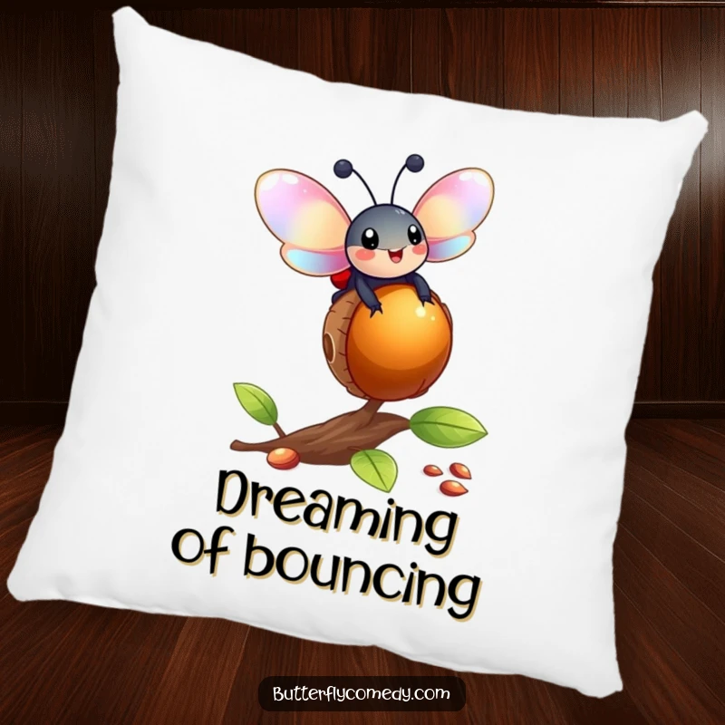 Funny ladybug with iridescent wings balancing on a bouncing acorn, a soft and humorous decorative pillow.