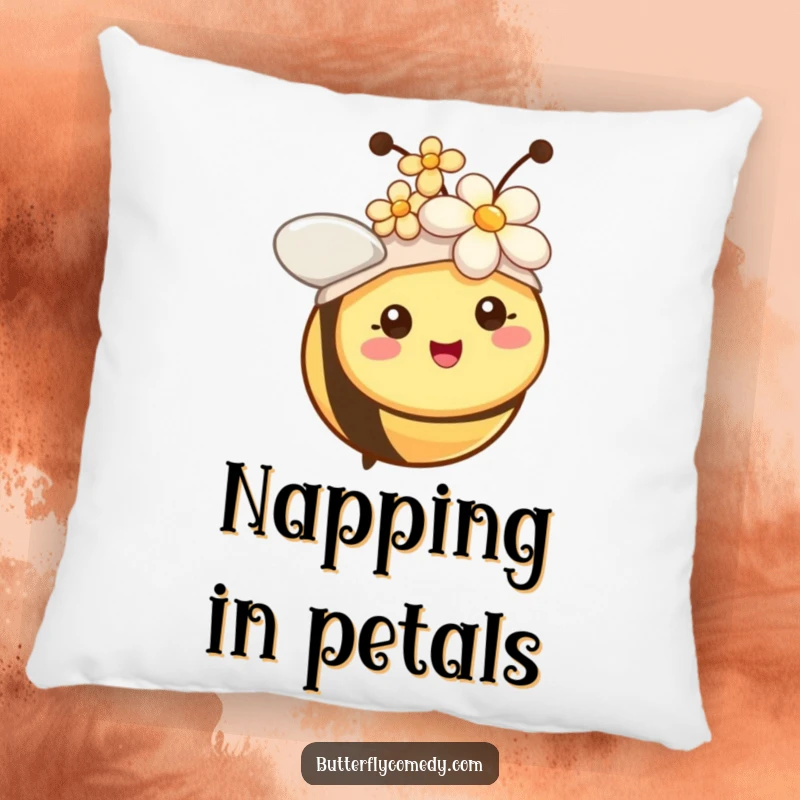 Funny bee with tiny antennae wearing a flower as a hat, a soft and humorous decorative pillow.