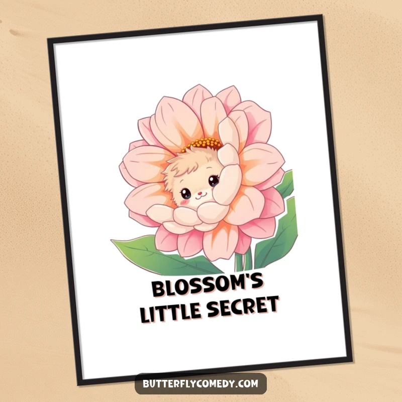 Funny digital art print of a curious, fuzzy creature peeking with a shy smile from behind a giant, vibrant flower.
