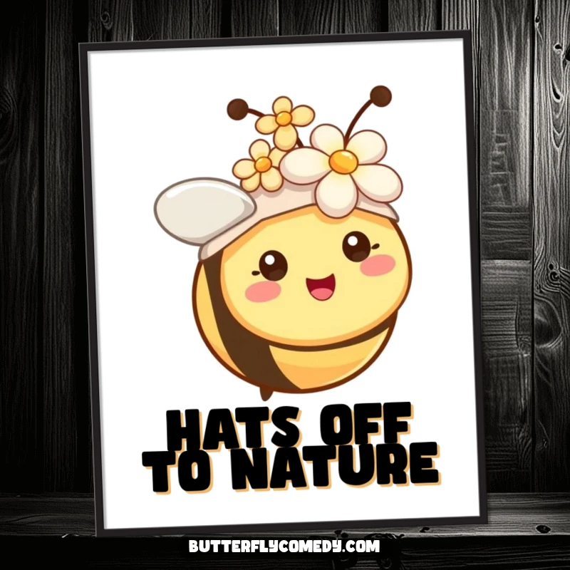 Funny cheerful bee with tiny antennae wearing a flower hat, high-resolution digital art for humorous decor.