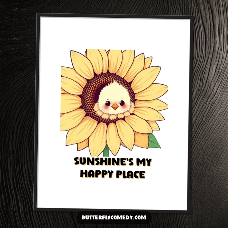 Funny fluffy chick emerging from a giant sunflower petal, a high-resolution digital art print for instant humorous decor.