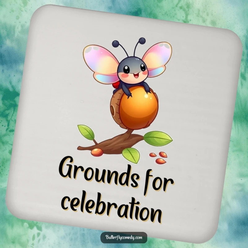 Funny ladybug with iridescent wings balancing on a bouncing acorn on humorous drink coasters, protecting surfaces joyfully.
