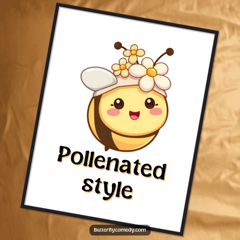 Funny cheerful bee with tiny antennae wearing a flower as a hat, creating a heartwarming and humorous wall art piece.