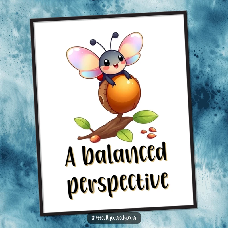 Funny ladybug with iridescent wings balancing on a bouncing acorn, creating a whimsical and humorous wall art piece.