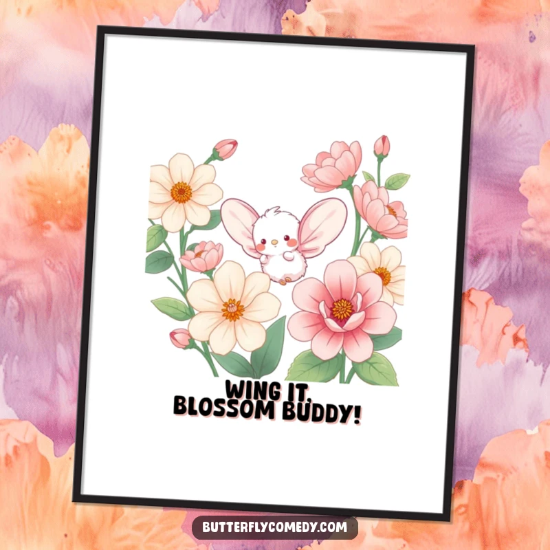 Funny free printable wall art of a small fluffy creature with big wings happily fluttering in a garden of oversized flowers.