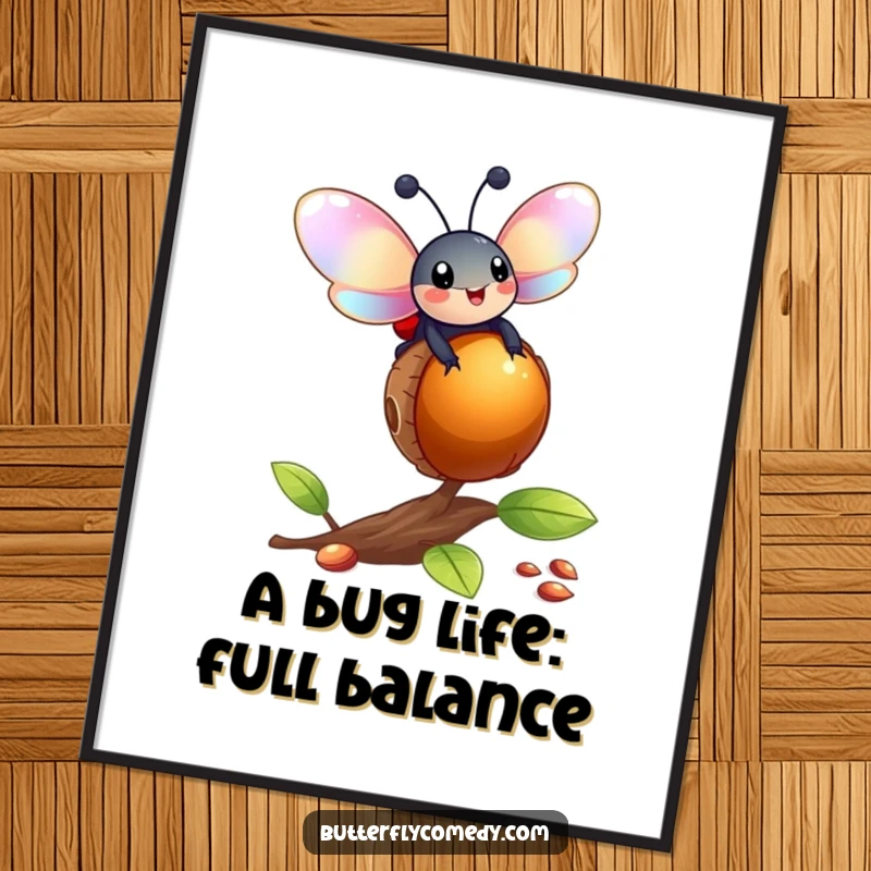 Funny free printable wall art: A happy ladybug with iridescent wings balancing expertly on a bouncing acorn, looking joyful.