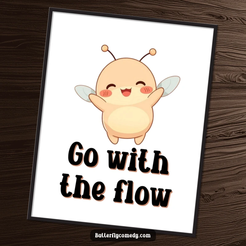 Funny free printable wall art of a happy, plump creature with antennae joyfully wiggling while being lifted by a gentle breeze.