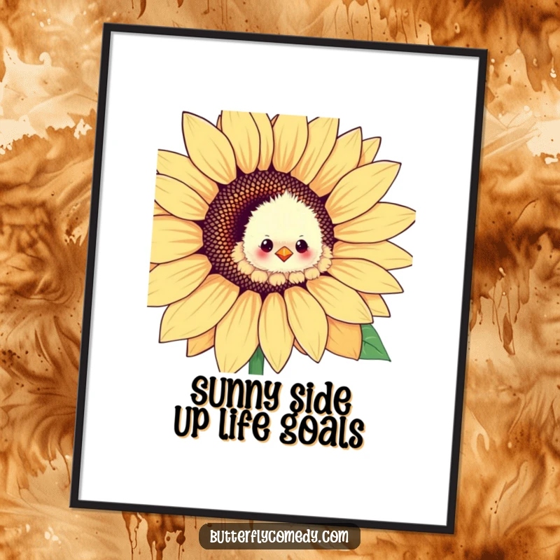 Funny free printable wall art: A fluffy chick peeking from a huge sunflower petal, creating a cheerful and humorous scene.