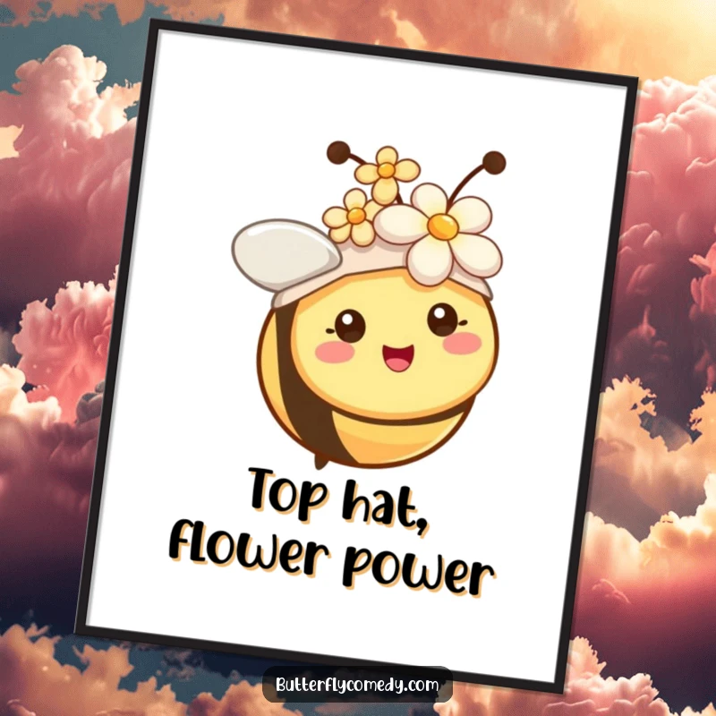 Funny free printable wall art: A cheerful bee with tiny antennae wearing a colorful flower as a hat, looking happy.