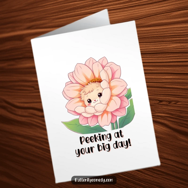 Funny free printable birthday card featuring a fuzzy creature peeking from behind a giant vibrant flower with a shy smile.