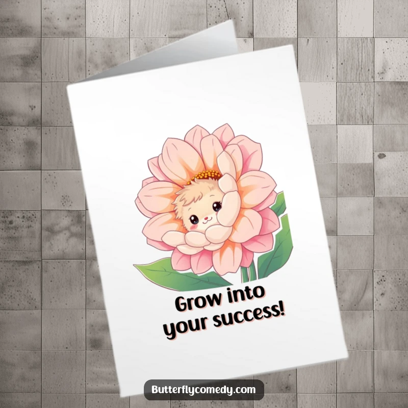 Funny free printable congratulations card showing a fuzzy creature peeking from behind a huge flower with a shy smile.