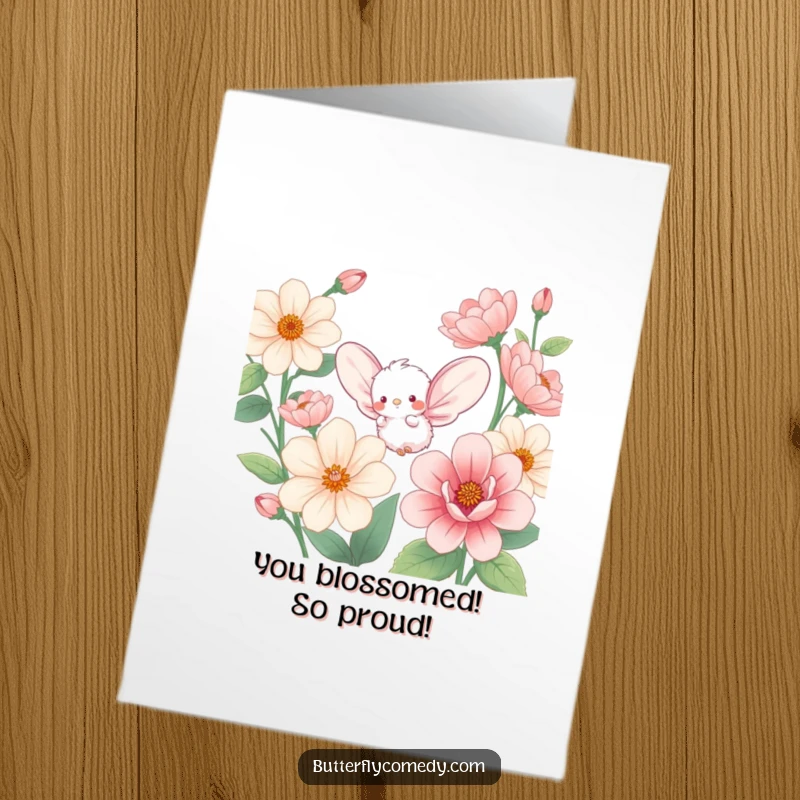 Funny free printable congratulations card showing a fluffy winged creature celebrating joyfully among large flowers.