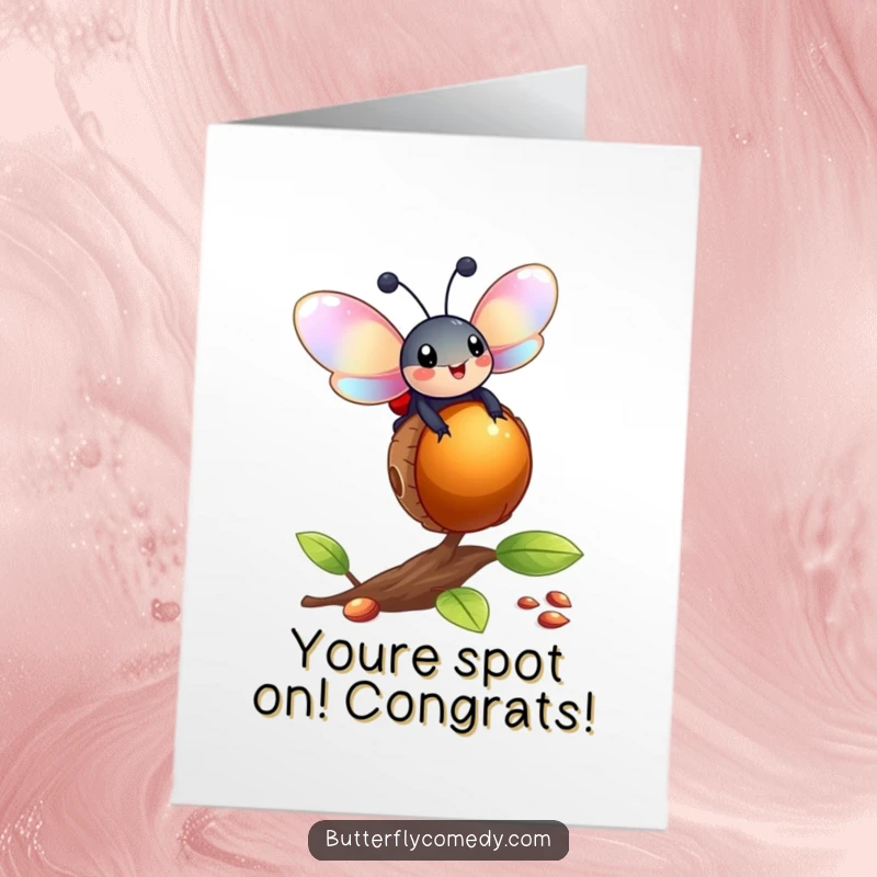 Funny free printable congratulations card: A happy ladybug with iridescent wings perfectly balanced on a bouncing acorn, celebrating success.