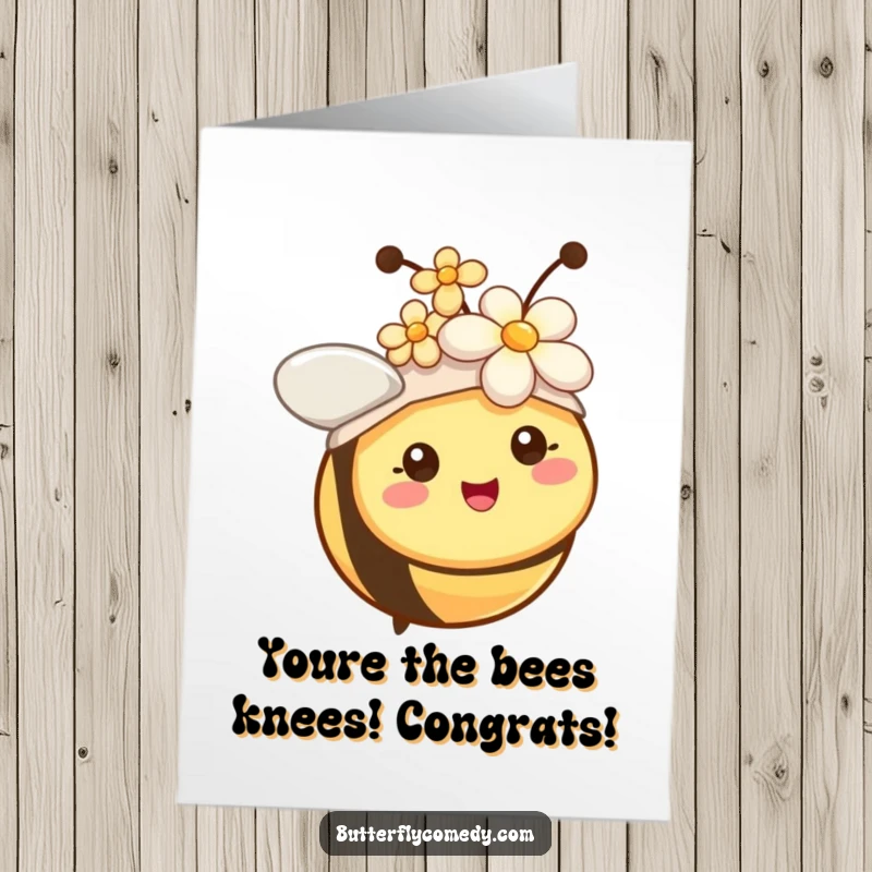 Funny free printable congratulations card: A cheerful bee with tiny antennae sporting a vibrant flower hat, celebrating achievements.