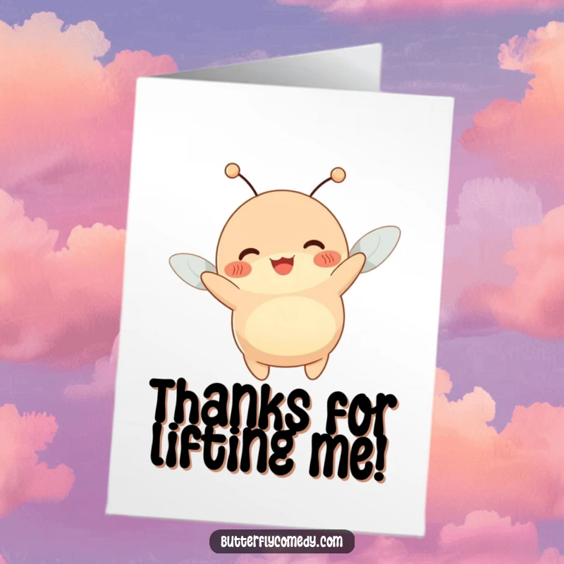 Funny free printable thank you card of a happy plump creature with antennae wiggling as a gentle breeze lifts it.