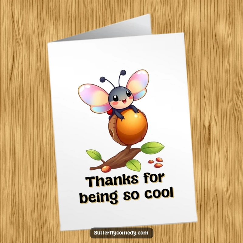 Funny free printable thank you card: A happy ladybug with shiny wings balancing on a bouncing acorn, conveying thanks.