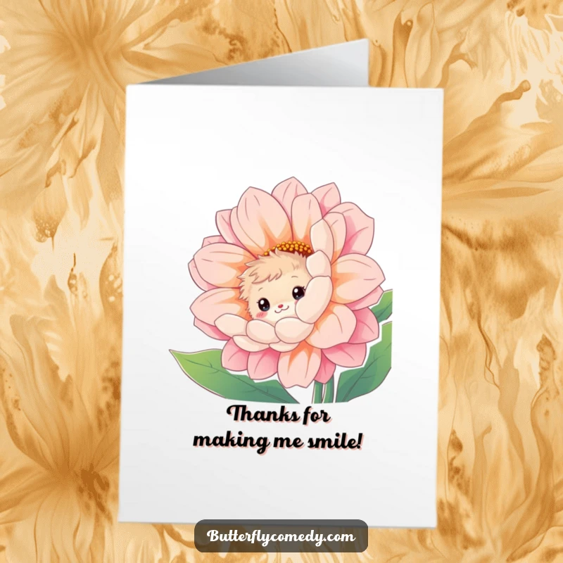 Funny free printable thank you card of a fuzzy creature peeking from behind a giant flower with a shy smile.