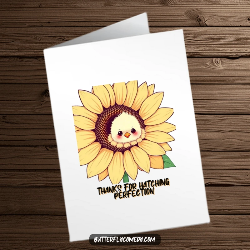 Funny free printable thank you card: Cute fluffy chick nestled in a sunflower, expressing thanks with a smile.
