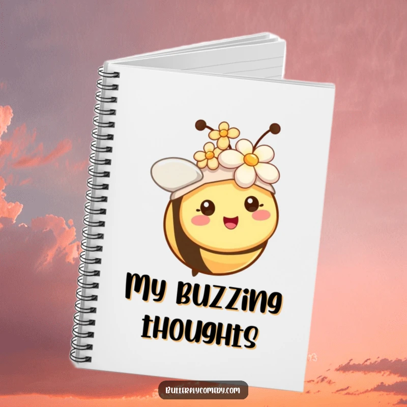 Funny bee with tiny antennae wearing a flower as a hat, a cute and humorous notebook for capturing thoughts.