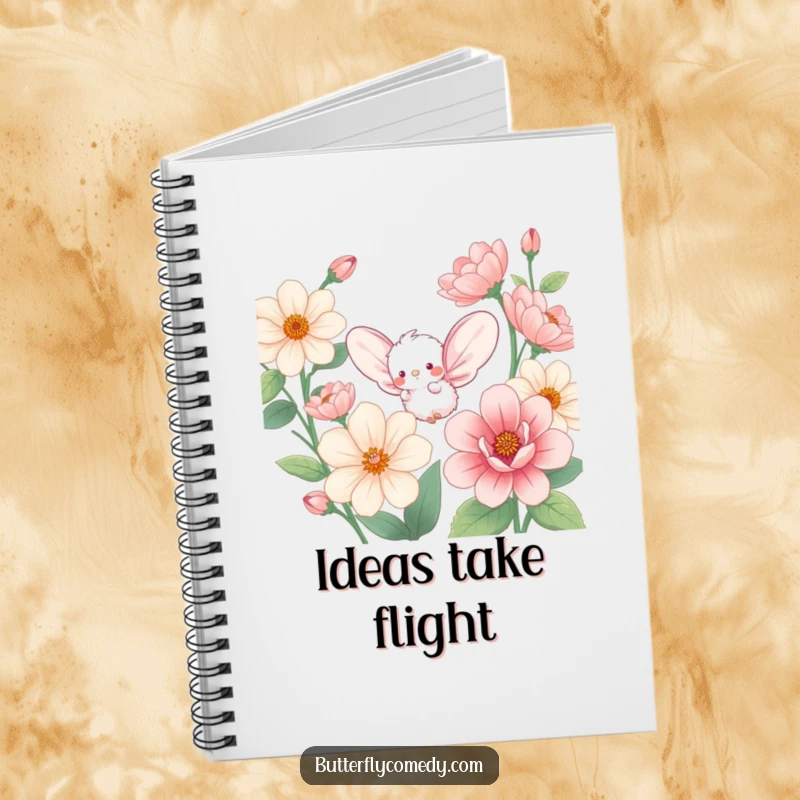 Funny notebook cover with a small, fluffy creature with round wings flying happily among oversized, vibrant flower blossoms.
