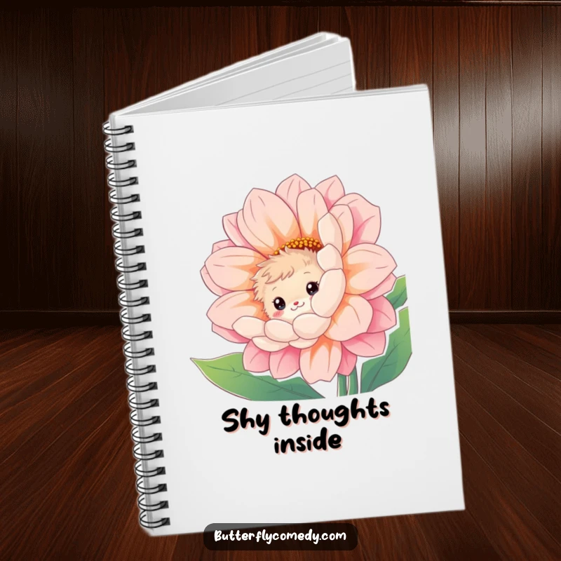 Funny notebook cover with a curious, fuzzy creature peeking with a shy smile from behind a giant, vibrant flower.