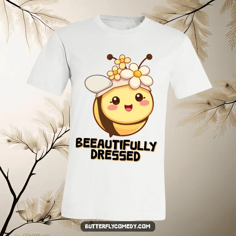Funny cheerful bee with tiny antennae, wearing a colorful flower as a hat, on a fun and humorous t-shirt.