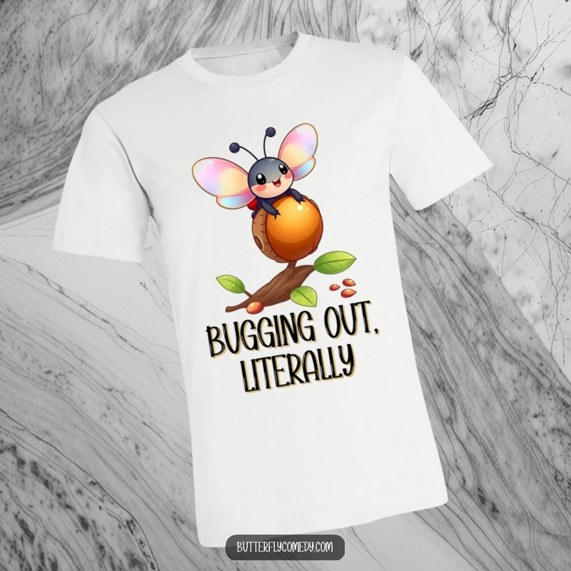 Funny happy ladybug with shiny iridescent wings precariously balancing on a lively bouncing acorn, on a fun t-shirt.