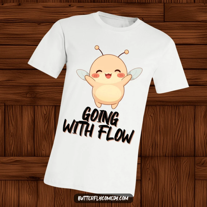 Funny t-shirt with a plump, happy creature with antennae wiggling joyfully while being gently lifted by a pleasant breeze.