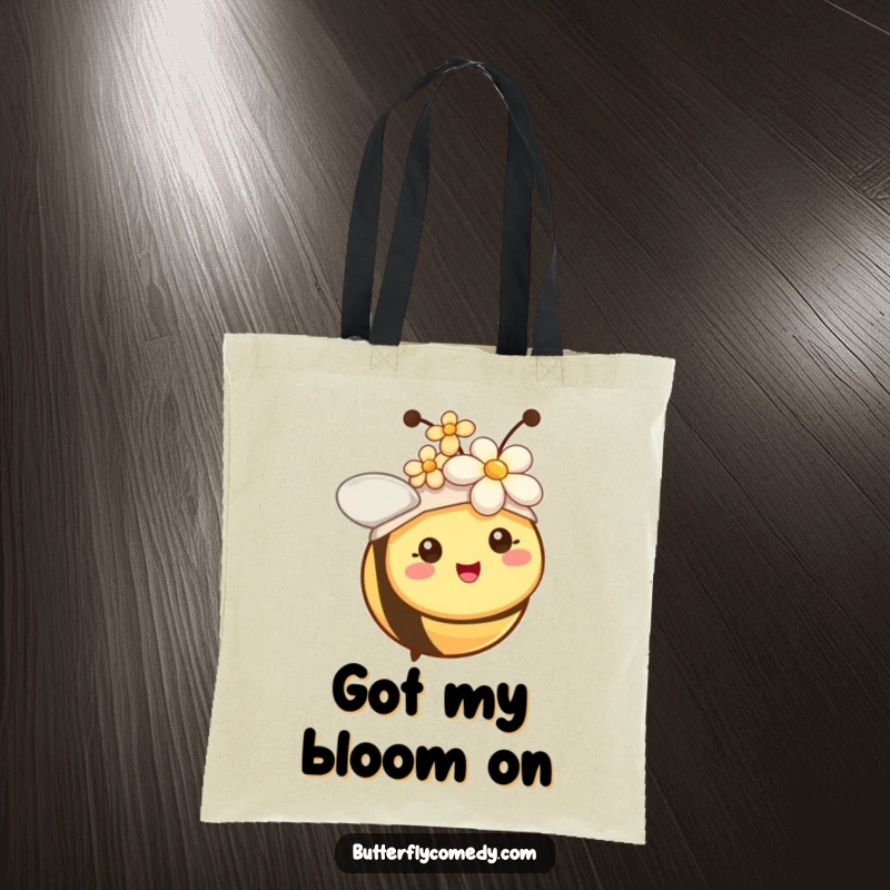 Funny cheerful bee with tiny antennae wearing a flower hat, a durable and humorous tote bag for daily use.