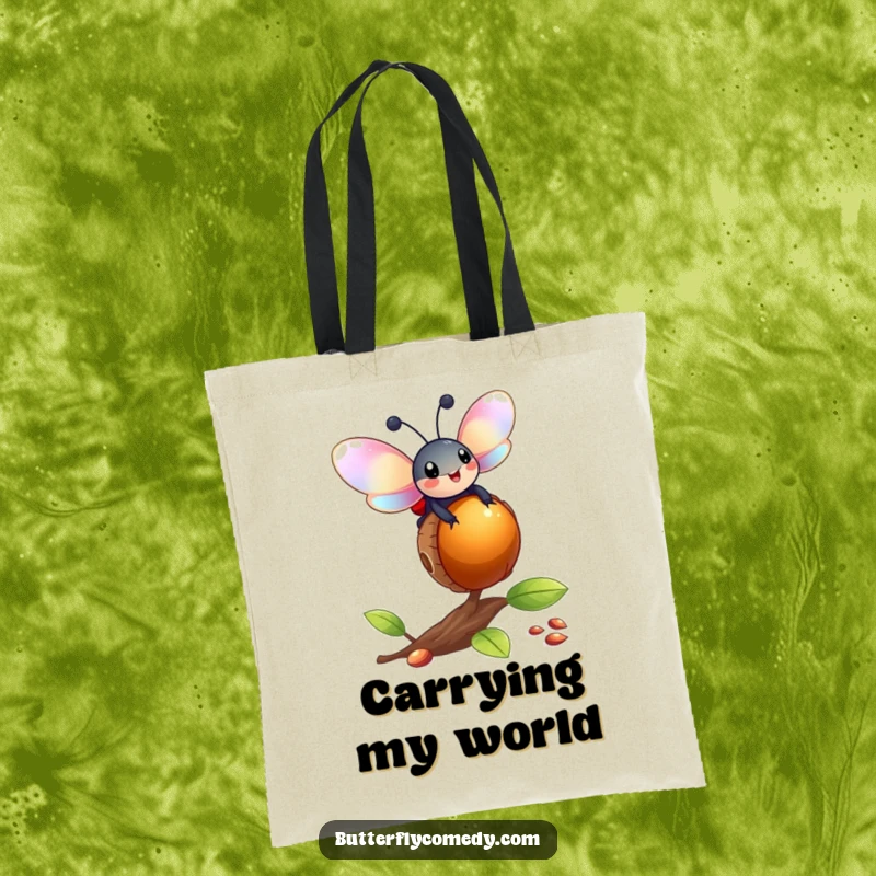 Funny happy ladybug with iridescent wings balanced on a bouncing acorn, a durable and humorous tote bag.